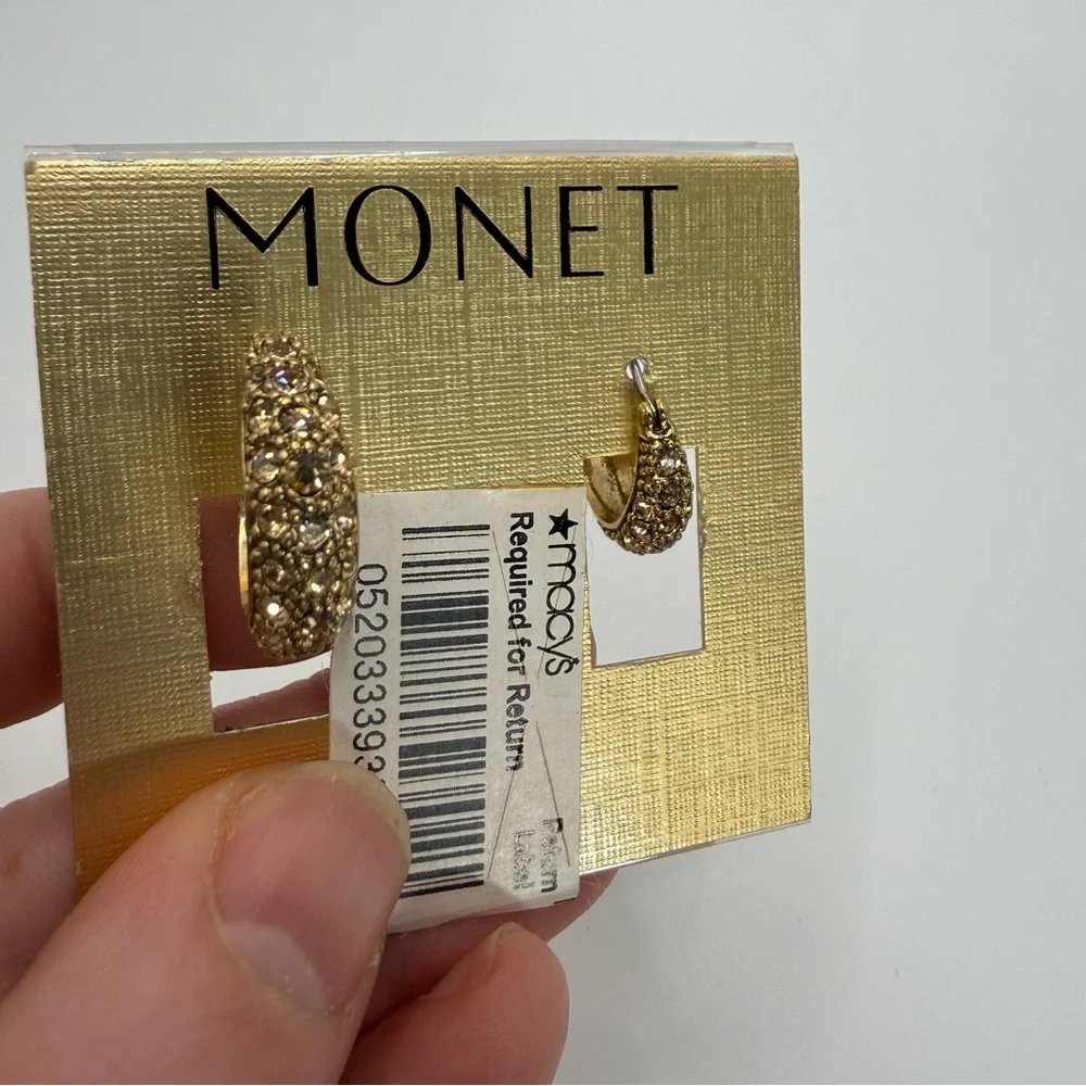 Monet Gold Tone Hoop Rhinestone Earrings NWT - Picture 6 of 8